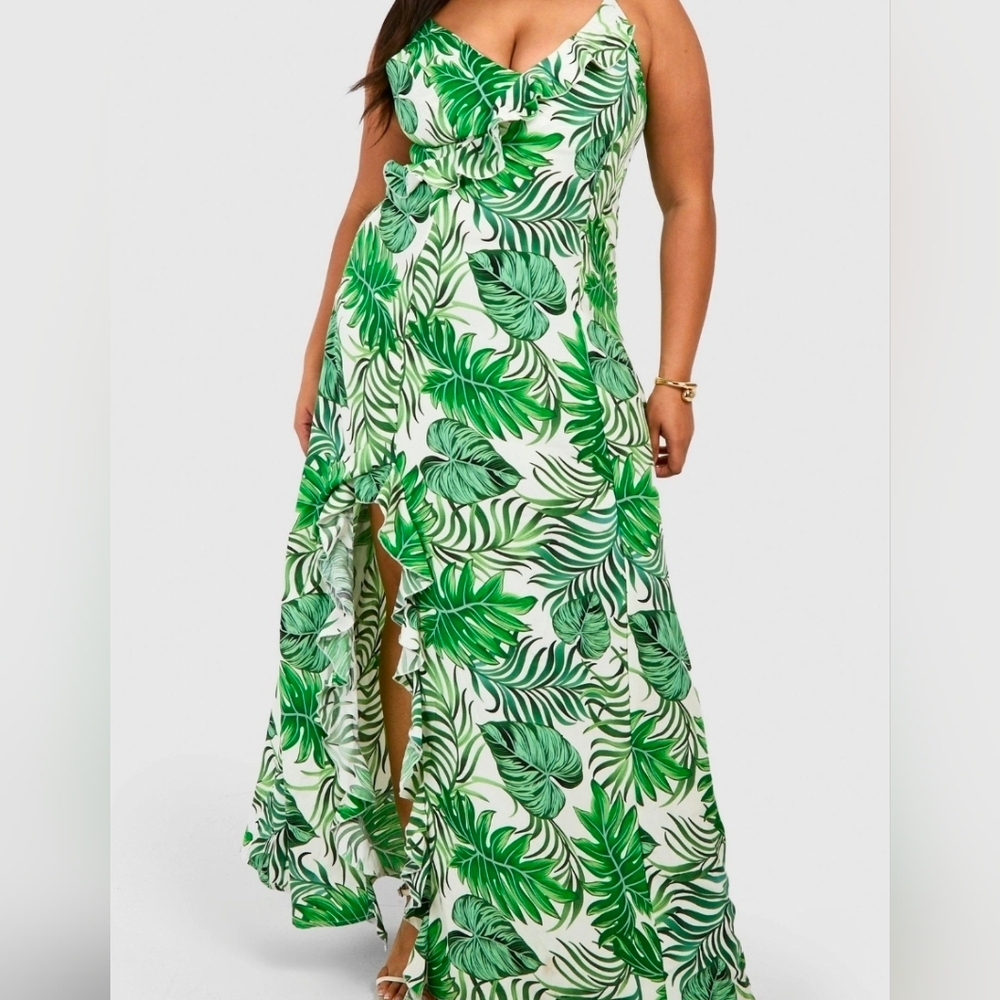 Boohoo Tropical Green Leaf Print Dress Ruffle Leg Slit Plus Size 4X/24 Garden